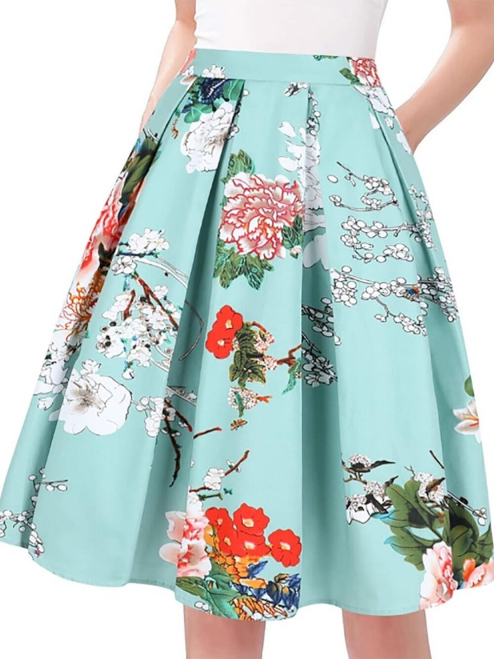 Vintage A-line Printed Pleated Midi Skirt with Pockets for Women - Flared Style